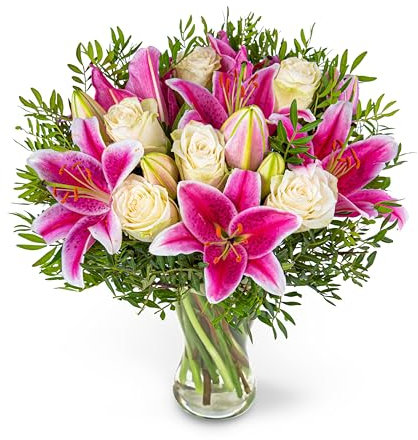 Pink Lilies & Roses - Elegant Pink Oriental Lilies & White Roses Bouquet – Fresh Hand-Tied Arrangement with Pistache Foliage – Flowers Delivered in Bud for Extended Freshness