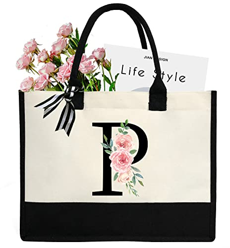 sundee Personalisierte Strandtasche aus Segeltuch mit Innentasche mit Reißverschluss, monogrammierte Geschenktasche für Hochzeit, Geburtstag, Urlaub, Schwarzer Buchstabe P, One Size