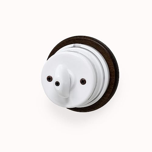 INTERRUTTORE/DEVIATORE IN PORCELLANA/CERAMICA COMANDO NAPOLEONE, BASE IN LEGNO NOCE