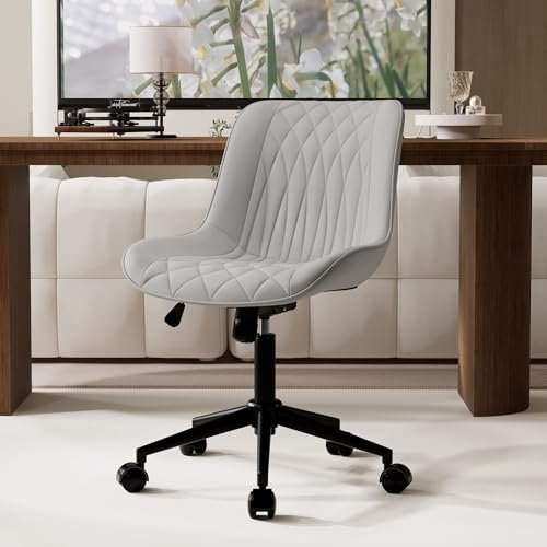 YOUNIKE Office Chair Armless Desk Chair with Wheels Swivel Rolling Task Chair with Back Upholstered Faux Leather Computer Chair Height Adjustable Modern Office Chairs, Grey