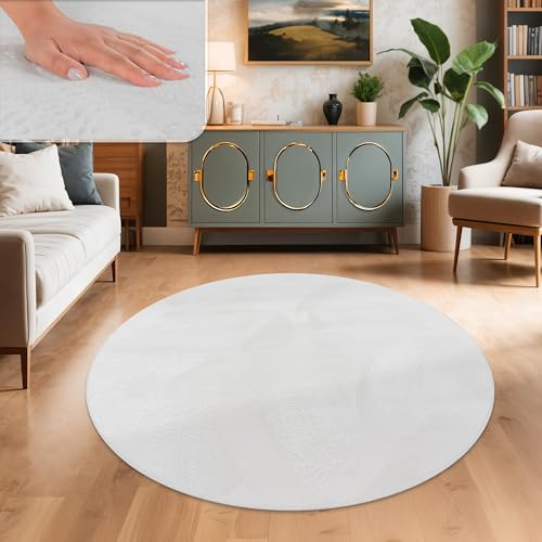 Paco Home Teppich Wohnzimmer Kunstfell weich waschbar modern elegant pflegeleicht Felloptik Uni Seidenglanz flauschig Hochflor, Grösse:160 cm Rund, Farbe:Weiß