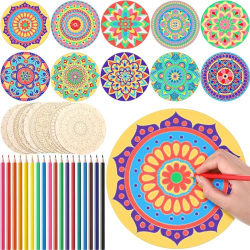 Vercraft Mandala-Gemälde-Set aus Holz, 10 unlackierte Holzausschnitte mit 18 Buntstiften für Bastelset, Mandala-Handwerk zum Malen, Basteln, Heimdekoration (Retro-Stil)