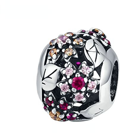 Collana Uomo Acciaio,Ciondoli rotondi con fiori di ciliegio e perline gioielli in argento 925 per bracciale europeo Pandora da 3 mm, collana con pendente