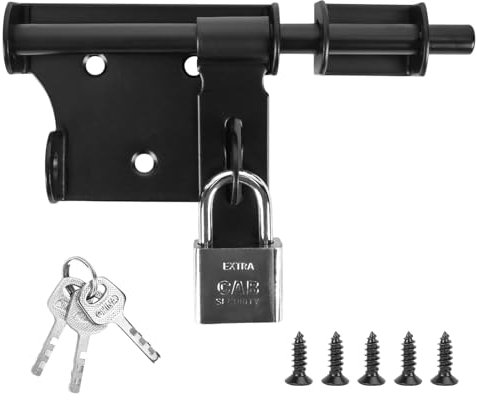KJLEEN 6 Inch Gate Latch Bolt Lock with Padlock & Keys Gate Locks Stainless Steel Sliding Door Lock Black Garden Shed Locks Heavy Duty Gate Bolt for Wooden Gates Garage Toilet Bathroom Fence Door