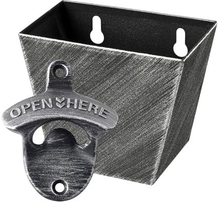HAIICEN Vintage Silver Wall Mounted Beer Bottle Opener with Cap Catcher Bucket Screw in Wood Table Cooler for Kitchen Bar Patio