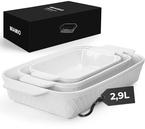 MIAMIO - Juego de 3 Bandejas Rectangulares de Cerámica para Hornear, Juegos de 3 Piezas de Bandejas Apilables para Hornear, 850 ml, 1650 ml, 2900 ml - Apto para Lavavajillas y Horno - Colección Palman