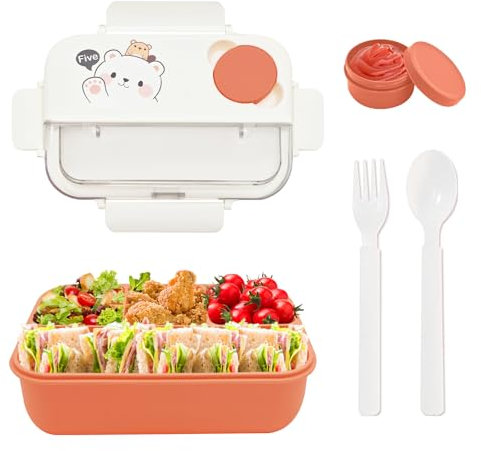 WowWoke Brotdose Kinder Mit Fächern Lunchbox Erwachsene 1250ml Brotdose Erwachsene Lunchbox mit Fächern Brotdose Mehrweg Bento Box für Schule/Arbeit/Picknick(PP, Kleiner Bär rosa)