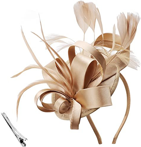 DRESHOW Fascinators Chapeau Rubans Plumes sur un Bandeau Clip Cocktail Tea Party Chapeaux pour Filles et Femmes