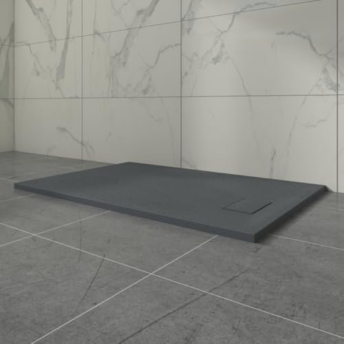 Aquariss Anthracite Rectangular Shower Tray Slate Effect SMC Slip-Resistant Shower Base for Bathroom Enclosures 1100x800mm with Waste