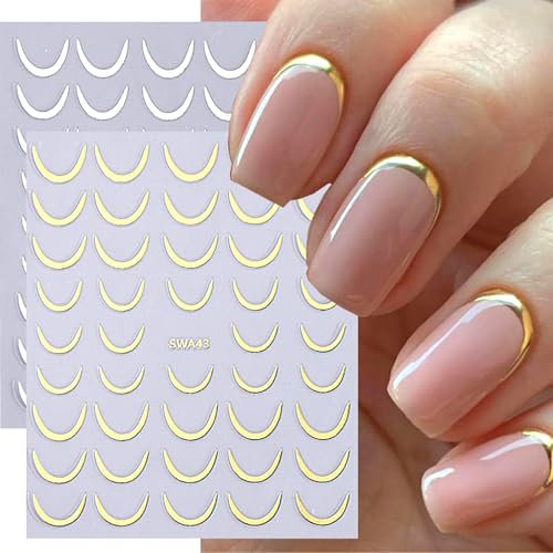 FloralGrace 6 adesivi per unghie francesi in oro argento, per unghie 3D, strisce curve, autoadesive, per manicure fai da te