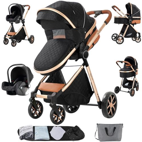 Sianldcone Poussette 3 en 1, Tissus Haut de Gamme Poussette Bebe, Poussoir Bidirectionnel Poussette Avec Cosy, Vision Buverte Poussettes Combinées (V9 Black)