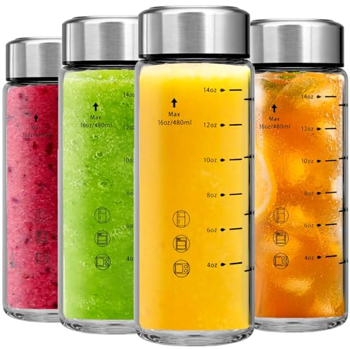 Lot de 4 bouteilles d'eau en verre borosilicate à large goulot avec couvercles, pour jus de fruits, smoothies, eau infusée, stockage des boissons, étanches, réutilisables, sans BPA