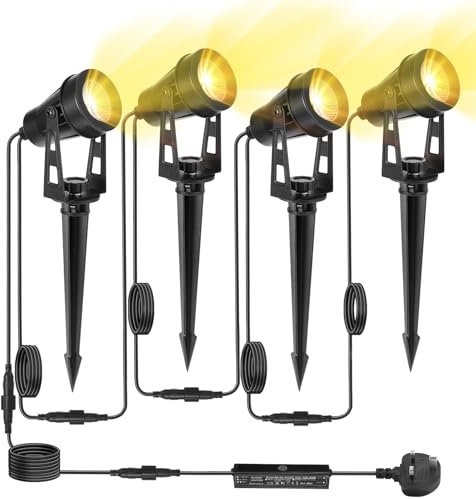 HUAEU Garden Spotlights Mains, 14 M, 4-in-1 Outdoor LED Spotlight, Warm White, 3000 K, 12 V, IP65 Waterproof Garden Uplighter, Landscape Floodlight for Patio, Party, Outdoor, Trees, Lawn