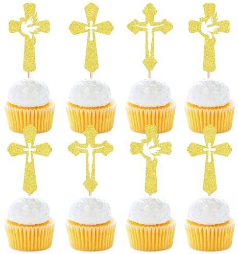 TAXTYHRE Cake Topper Taufe, 24 Stücke Kommunion Cake Topper, Tortendeko Taufe Mädchen Junge, Kommunion Tortendeko, Gold Taufe Torte Deko, für Babyparty, Geburtstag, Taufe Deko