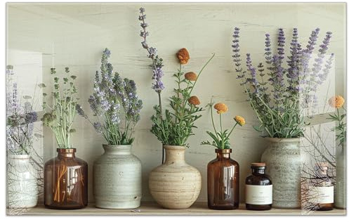timalo Küchenbild aus Acrylglas modernes Wandbild Glasbild Deko Küche XXL Bild wie Glas | 80x50cm Trockenblumen, Vintage Vasen, Kräuter, Boho Deko, Naturstil, rustikale Einrichtung, Lavende