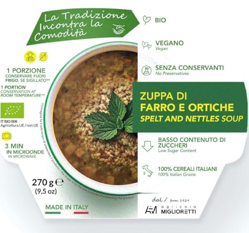 Agricola Miglioretti Zuppa Biologica di Farro e Ortiche Pronta in 3 Minuti - Vegana, Senza Glutine e Senza Conservanti per un Pasto Sano e Delizioso