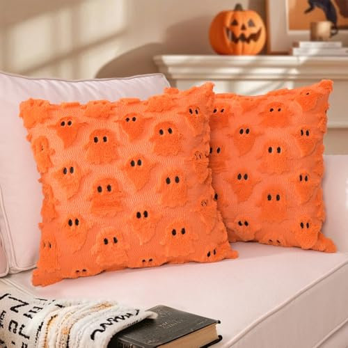 Yhoelata Halloween Geist Kissenbezüge 2er-Set, Herbstlicher Orange Deko Kissenbezug Kissenhülle Dekorative Zierkissen Sofakissen Couchkissen Dekokissen Deko Kissenhülle für Sofa Wohnzimmer 45x45cm