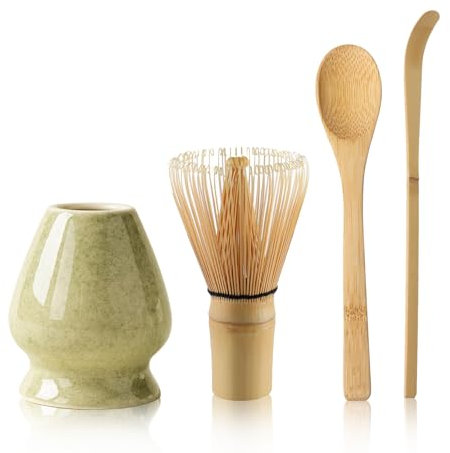 Matcha Tea Set with Whisk and Spoon, Matcha Whisk Kit with Ceramic Whisk Holder Scoop Matcha Ceremony Accessory Set Matcha Gift Set(Matcha)