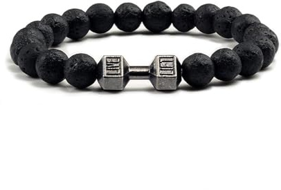 POYAMUSE Perlen-Armband mit Hantel-Charm, Lavasteinen, Perlen, Strang-Armband – für Fitnessstudio-Dekoration, Schmuck