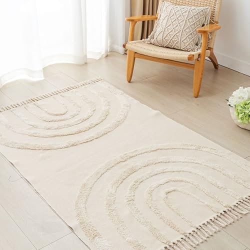 Homxi Outdoor Teppich 120 x 180 cm Rechteckig, Teppiche Küche Leinen Baumwolle, Bogenförmig mit Quasten, Beige Weiß Teppich Schlafzimmer
