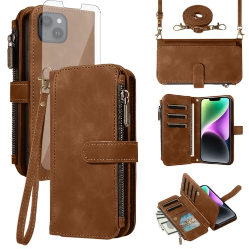 Asuwish Phone Case for iPhone 14 6.1 inch Zipper Wallet Cell Cover with Tempered Glass Screen Protector Crossbody Wrist Strap Flip Credit Card Holder Slot iPhone14 5G i i-Phone i14 14Case Women Brown