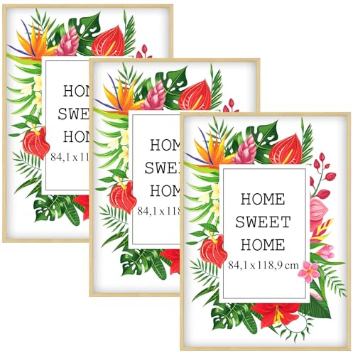 MG Design Set aus 3 Natural Bilderrahmen A0 84,1 x 118,9 cm – Aus echtem Holz mit Acrylglas, zum Aufhängen & Aufstellen, für Fotos, Poster & Puzzle