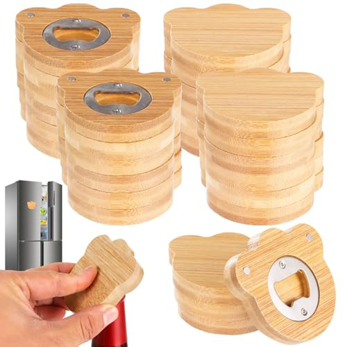 24 Pcs Bear Beer Bottle Opener Set, 2.6 x 0.5 in Compact Size, Strong Attachment Force, Stainless Steel, Natural Wood Shell, Cute Opener for Bar, Home