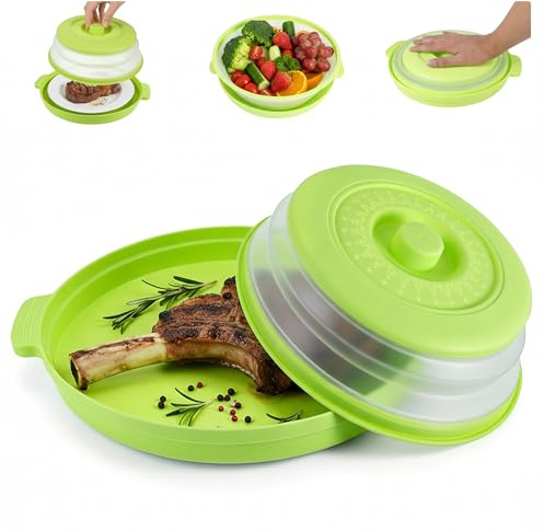 Collapsible Microwave Cover for Food, Microwave Plate Cover with Anti-scald Tray, Vented Microwave Food Cover BPA Free, Multi-Functional Microwave Dishes with lids, Kitchen Essentials 10.5 Inch Green