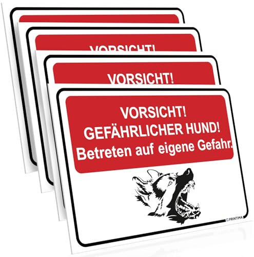 PRINTIMA 4x Schild – „VORSICHT! GEFÄHRLICHER HUND! Betreten auf eigene Gefahr.” 32x21 cm – PVC Warnschild Set mit Montageset für Schilder – Sicherheits- & Grundstückshinweis
