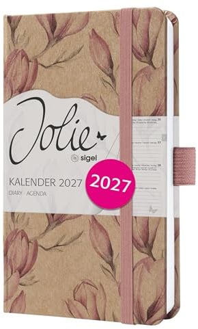 SIGEL Jolie Wochenkalender 2027 A6 rose weiß Hardcover aus Kraftpapier | 7J812, Gummiband, Stiftschlaufe, 174 Seiten, vegan, Buchkalender, Terminplaner Taschenkalender