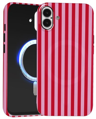 Paovkoi für iPhone 16 Magnetisch Hülle, Aesthetic Gestreifte Sommer Streifen Stripes Muster Motiv Design Silikon Handyhülle [Kompatibel mit MagSafe], Frauen Schutzhülle für iPhone 16 6,1'' - Rosenrot