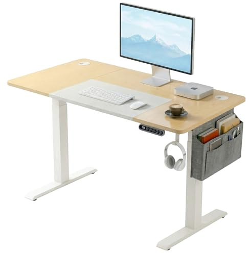 Blisswood Electric Standing Desk Height Adjustable 110 × 60cm, Sit Stand Small Computer Office Desk with Memory Smart Panel, Splice Board PC Table with Storage Pockets, Home Writing Workstation_Brown