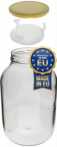 lilawelt24 Gärglas-Set: Einmachglas mit Metalldeckel und Beschwerer – Ideal für Fermentierung, Konservierung, Kombucha, Kimchi, Kefir und Vorratshaltung – Weithalsglas – Hergestellt in der EU (4L)