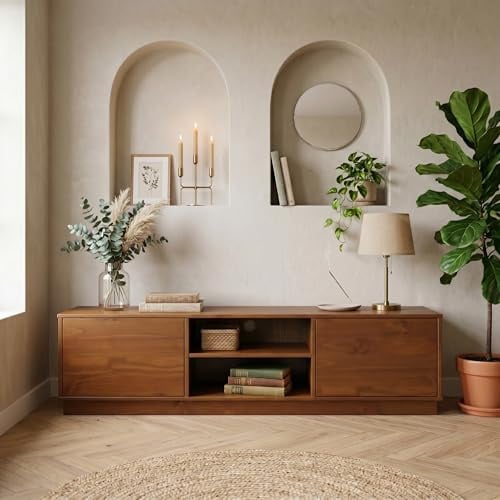 IDIMEX Lowboard Maite 170 cm aus Massivholz, Kastanie Finish - TV Board mit Kabelauslass, Kommode mit offenen Mittelfach, Wohnzimmermöbel mit Push-to-Open Funktion