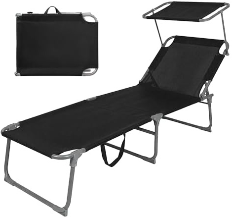 Montafox Sonnenliege klappbar 195 x 60 x 34 cm Schwarz Liegestuhl 150 kg | verstellbare Rückenlehne, Gartenliege, Relaxliege, Stoffliege, Strand, Garten, Pool, Terrasse, Balkon, wetterfest, tragbar