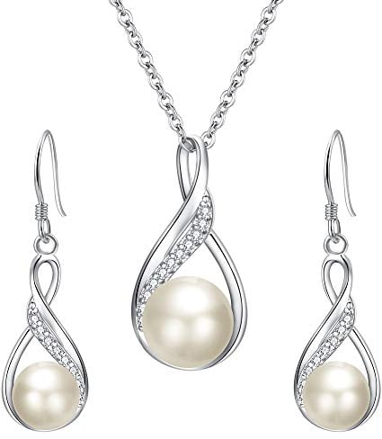 Clearine Damen 925 Sterling Silber Delicate Elegant CZ Cream Süßwasser-Zuchtperle Spiral Unendlichkeit Pendant Halskette Hook Ohrringe Schmuck Set (A-Perle)