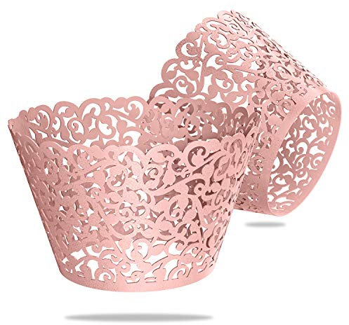 WedDecor Pink Cupcake Wrappers Laser Cut Pearlescent Floral Design Muffin Wrap Cases Paper Holders for Party Decoration, Wedding, Birthday, Events, 25pcs