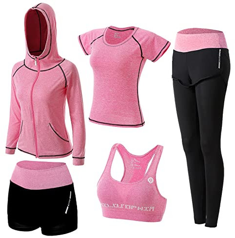 ZETIY Tute da Ginnastica Donna Set, 5 Pezzi Abbigliamento Sportivo Donna per Pilates Yoga Jogging Gym Workout Ginnastica Include Manica Lunga e Corta, Pantaloni, Reggiseno - Rosa - XL
