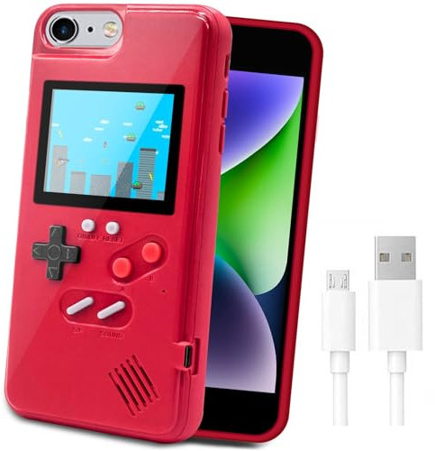 LucBuy Game Console Case Compatible with iPhone 6Plus/6s Plus/7Plus/8Plus, Retro Protective Cover Self-powered Case with 36 Small Game, Full Color Display, Shockproof Video Game Case - Red