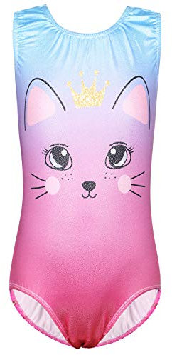 ZNYUNE Mädchen Turnanzug Ärmellos Kinder Gymnastik Trikot Bunt Stoffdruck Gymnastikanzug 229 PinkCat 6A