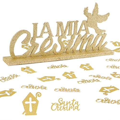 BETESSIN La Mia Cresima Tischdeko Holz Taufe Deko + 40 pcs Streudeko für Kommunion Party