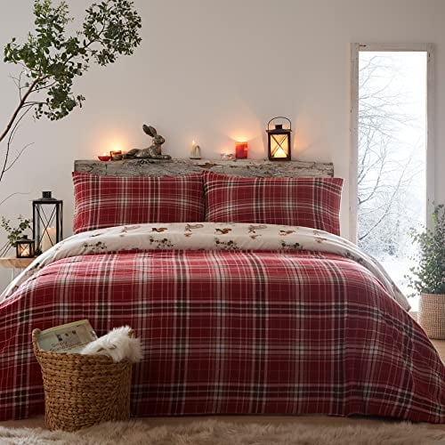 Dreams & Drapes Lodge Derwent Check - Set copripiumino in 100% cotone spazzolato - Letto king size in naturale