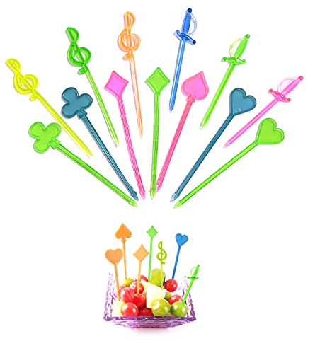 PFLYPF 100 tenedores de frutas de plástico, incluyendo 4 estilos: corazón, tarjeta de juego, dije de música, espada, accesorios Bento, amor, plato de frutas, decoración de pasteles