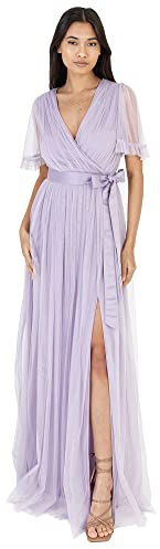 Anaya with Love Damen Ladies Maxi Dress Women V Neckline Short Sleeve Frilly Long Empire Waist for Wedding Guest Bridesmaid Maid of Honour Kleid, Dusty Lilac, 50