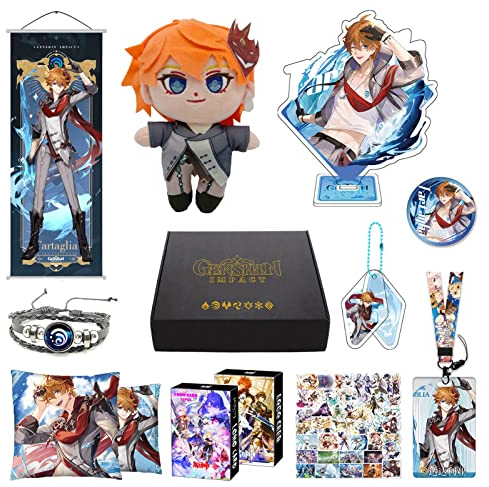 MOTAO Genshin Impact Box Tartaglia Merch Set - Puppe, Poster, Kissenbezug, Standfigur, Armband, Abzeichen, Schlüsselanhänger, Kartenhülle, 30 Lomo Karten, 50 Aufkleber (Tartaglia)