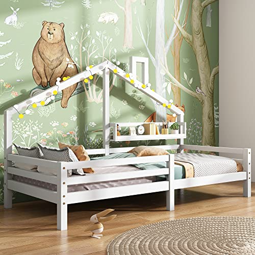 Hausbett Kinderbett Jugendbett 90x200 mit Ablageregal Kaminform Weiß vielseitiges Holz Kinderbett für Jungen & Mädchen