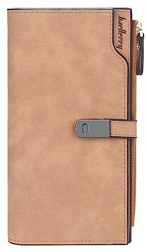 HNOOM Portafoglio Donna Pelle Sintetica Liscia e Morbida, Portafoglio Donna Grande e Lungo, Portamonete Donna Cerniera con 24 Scomparti per Carte (Marrone-L)