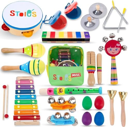 Stoie's Musikinstrumente Kinder ab 3 Jahre 26-teiliges Montessori Instrumente Kinder Rasseleier Baby Klanghölzer Musikspielzeug Trommel Musik Instrumenten