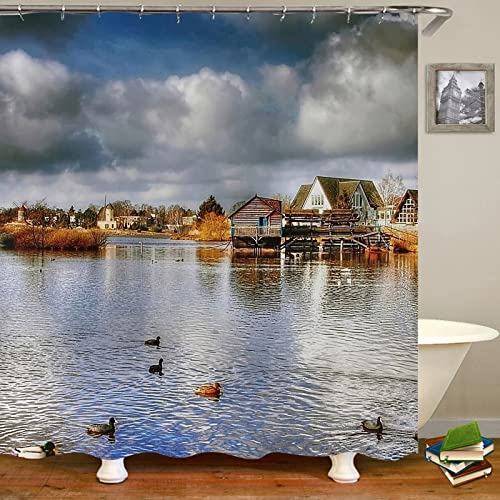 Beydodo Bad Vorhang mit Motiv 150x180, Duschvorhang Antischimmel Wasserdicht Holzhäuse am See Badvorhange Polyester Duschvorhänge für Badewannen