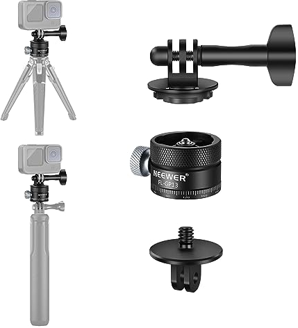 NEEWER Adaptador de Montaje en Trípode de Liberación Rápida Compatible con GoPro Hero 13 11 10 9 8 Hero Max DJI Osmo Insta360, Montaje de Base de Cámara Acción con 1/4Rosca, 360° Panorámica, FL-GP13